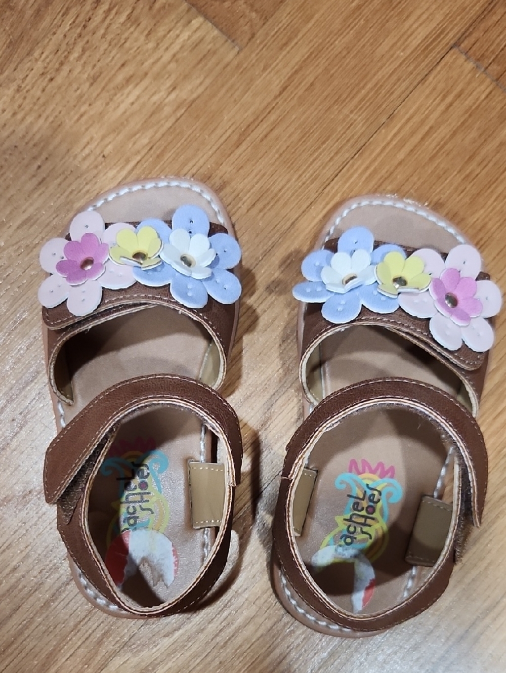 Rachel Shoes -Kids Brown Flower Sandals with Pastel Accents